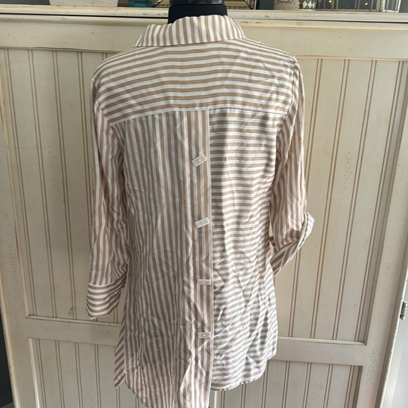Soft Surroundings asymmetrical Beige Striped Button-Down Shirt - Picture 5 of 13